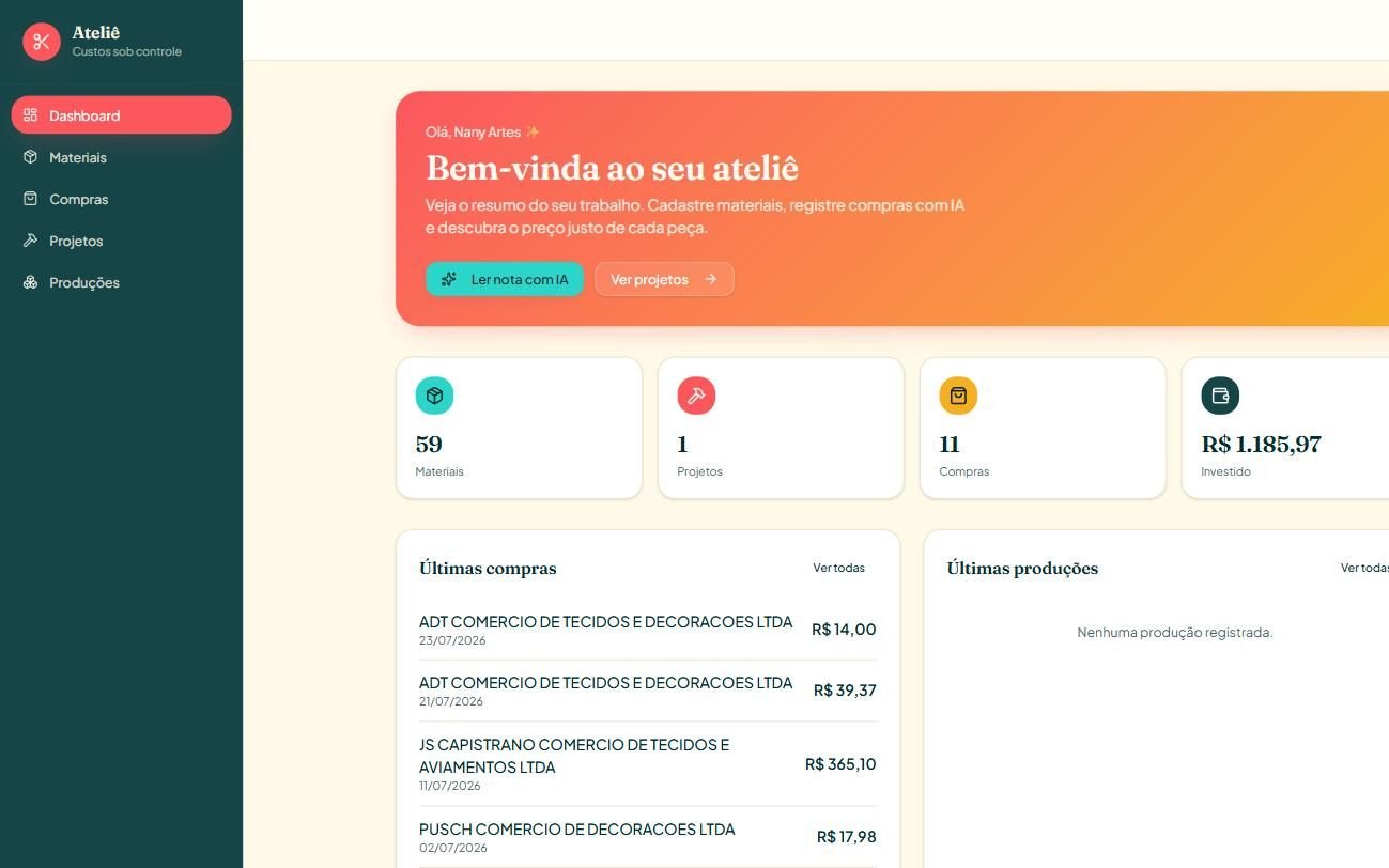 Print do dashboard do sistema Ateliê, com resumo de materiais, projetos, compras e valor investido