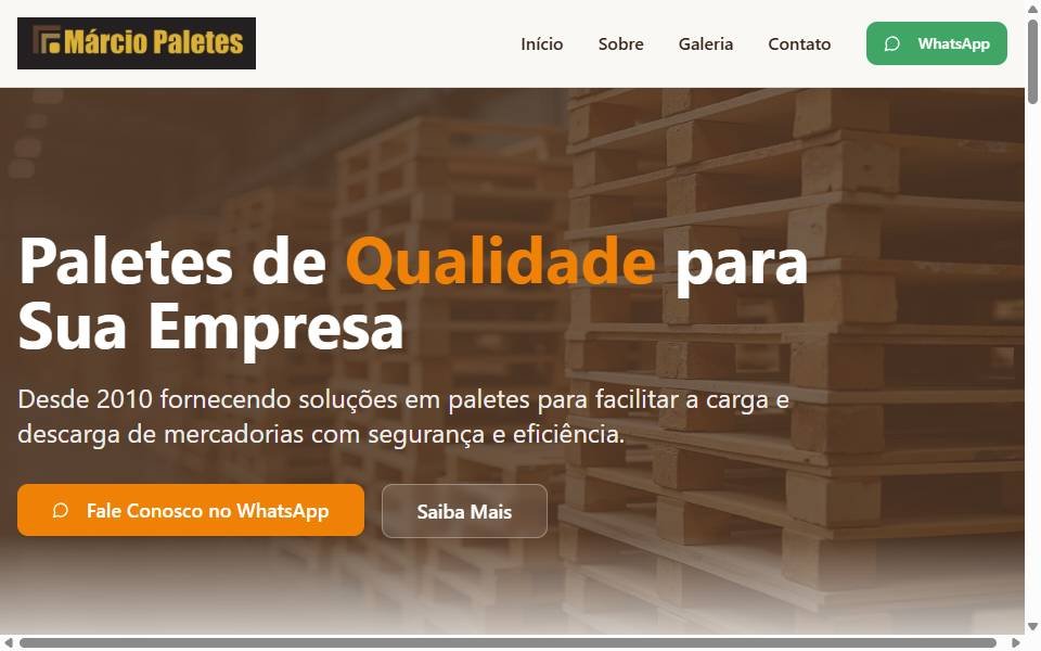 Print da página inicial do site Márcio Paletes